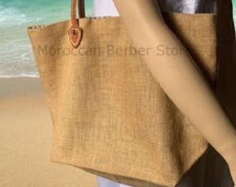 Summer tote Bag,Handmade Burlap Beach Bag, Leather Handles, Natural Tote bag