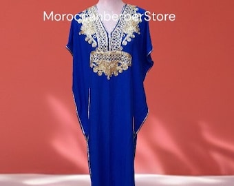 kAFTAN - Kaftan for WOMEN - MOROCCAN Kaftan - Loungewear - Resortwear - Summer party dress - Beach party dress -  Blue and gold KAFTAN dress