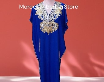 Caftan marocain, kaftan robe coton, caftan or bleu, couvertures de plage, couvertures kaftan plage, coton kaftan, caftan marocain, gandoura