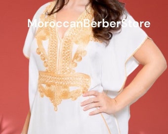 CAFTAN petite taille : du XS au M pour femme, caftan pour femme blanc et or, caftan blanc, caftan bohème blanc, caftan de fête de plage