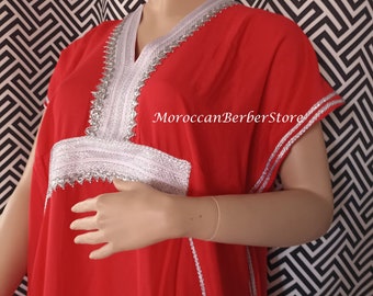 Kaftan dla kobiet, sukienka w kolorze czerwonym i srebrnym, tradycyjny marokański kaftan, narzutka plażowa, prezent dla dziewczyny,