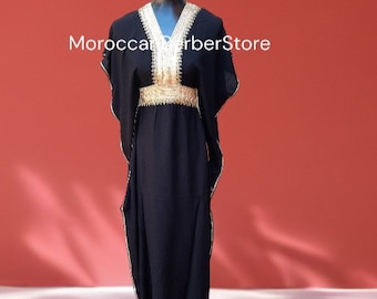 Schwarzer KAFTAN Marokkanischer für Frauen mit Goldstickerei, Loungewear, KAFTAN Hauskleid, Kaftan Strandabdeckung ups für Frauen, Kaftan schwarz, Gandoura