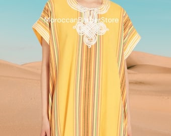 Striped KAFTAN yellow,kaftan moroccan striped ,KAFTAN for women cotton,Moroccan GANDOURA for women ,kaftan house dress, djellaba marocain