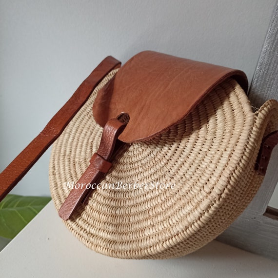 Handmade Moroccan Round Straw Crossbody Bag with Leather Detail