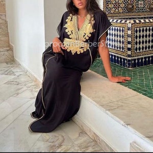Handmade gift for her, kaftan for women,unique holiday gift,Moroccan kaftan black gold beach kaftan, maternity wear,gift for her, resortwear Black