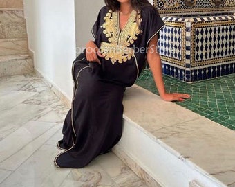 Handgemachtes Geschenk für Sie, Kaftan für Frauen, einzigartiges Urlaubsgeschenk, Marokkanischer Kaftan Schwarz Gold Strand Kaftan, Umstandsmode, Geschenk für Sie,Resort