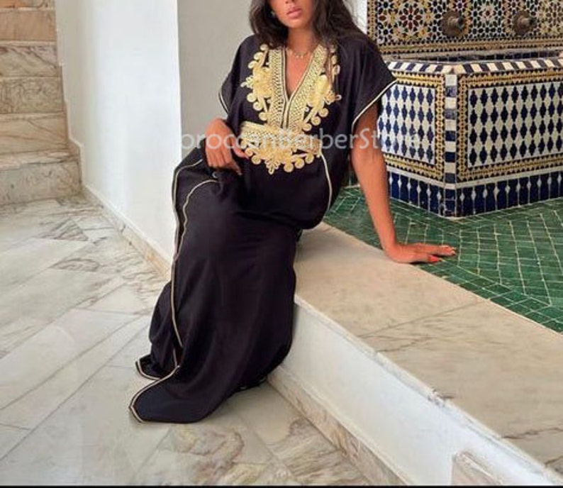 Handmade gift for her, kaftan for women,unique holiday gift,Moroccan kaftan black gold beach kaftan, maternity wear,gift for her, resortwear Black