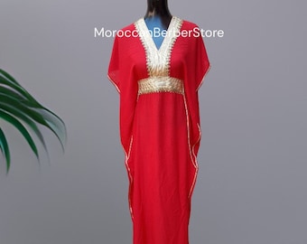 KAFTAN dla kobiet w kolorze czerwonym i złotym – marokański kaftan czerwony – sukienka świąteczna – kaftan czerwony złoty – odzież wypoczynkowa – odzież domowa – sukienka imprezowa – PREZENT dla niej