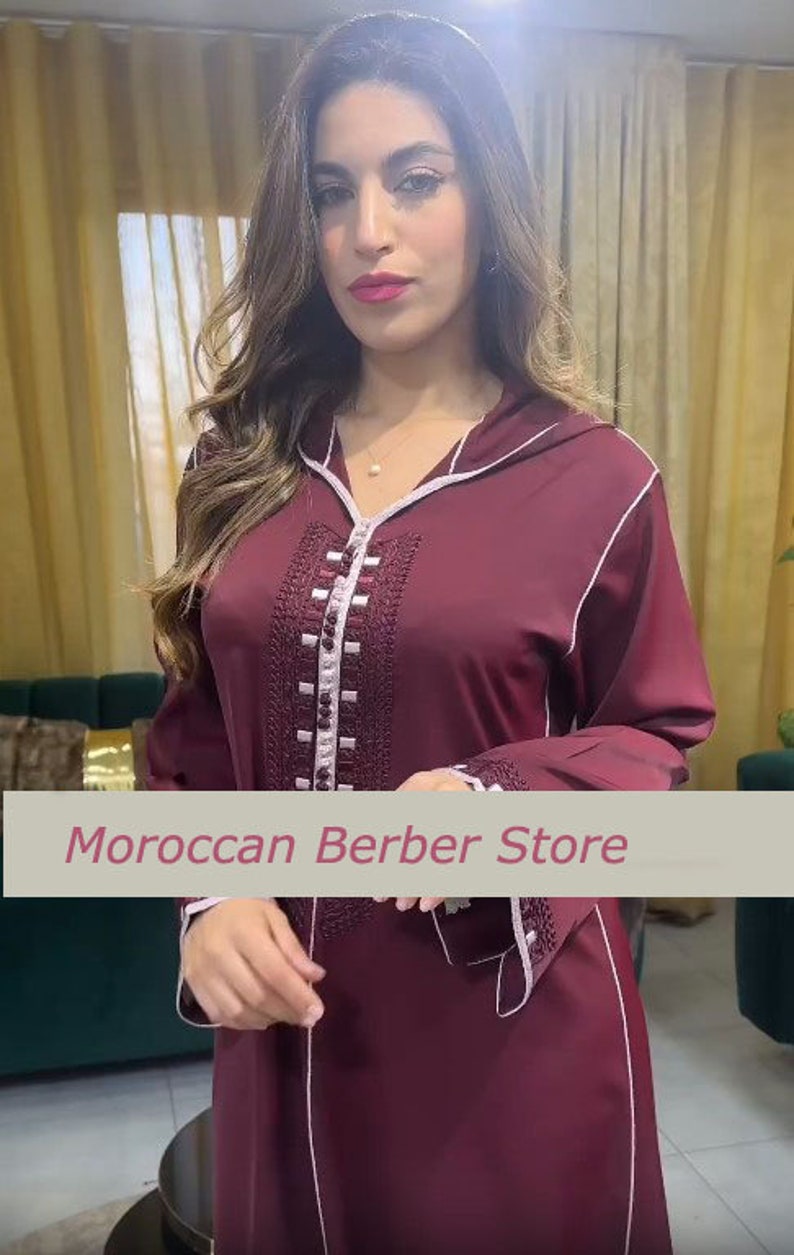 Jellaba marocaine, Jellaba pour femme, Jellaba bordeaux avec beige, Jellaba marocaine pour mariage, cadeau de l'Aïd pour femme, Jellaba femme image 3