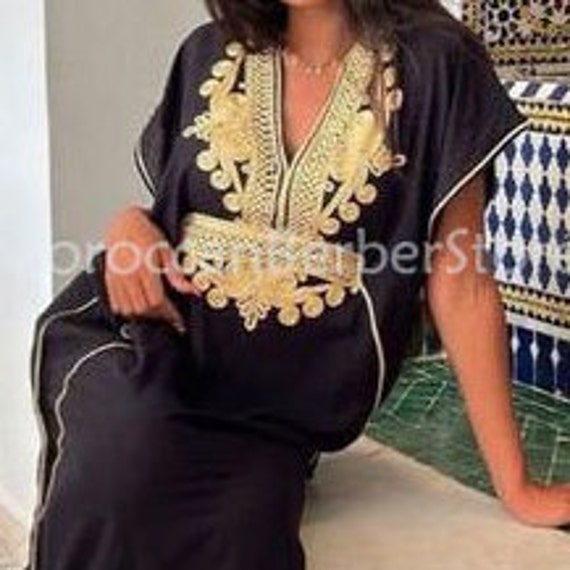 Zwarte kAFTAN Marokkaans voor dames met gouden borduurwerk loungewear KAFTAN huisjurk kaftan strand cover ups voor dames kaftan zwart gandoura Etsy Nederland