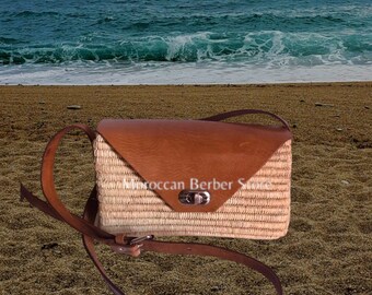 Handmade Raffia Crossbody Bag, Moroccan Beach Bag with Leather Strap
