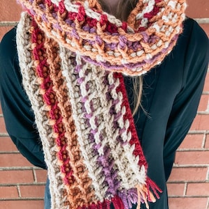 May include: A crocheted scarf with a multi-coloured striped pattern in shades of red, orange, brown, beige, and purple. The scarf has fringe on the ends.