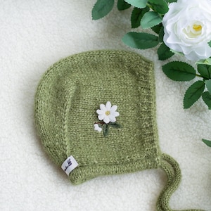 Кnit baby bonnet with embroidery, Hand knit baby hat, Olive green bonnet, Baby bonnet with flowers, Baby girl bonnet, Newborn bonnet