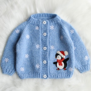 Hand Knit Baby Cardigan: Alpaca Merino Wool, Penguin Embroidery