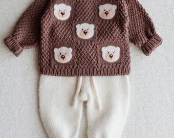 Knitted Baby Set: Bear Sweater & Pants, Unisex Outfit