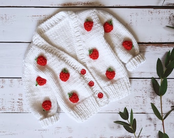 Hand knitted strawberry baby cardigan, Knitted baby cardigan ,Knitted baby clothes,Child cardigan, Hand Knit Cardigan, Cardigan, Sweater