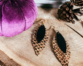 Jenny Snake Print Cork Leather Feather and Smaller Black Feather Cork Leather Earrings | Snake Print | Cork Leather