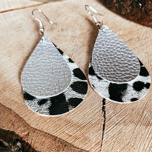 Erin Large Silver Leopard Print and Smaller Silver Faux Leather Double Teardrop Earrings Leopard Print Faux Leather Earrings image 3