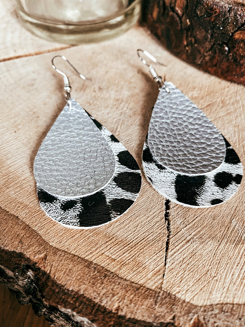 Erin Large Silver Leopard Print and Smaller Silver Faux Leather Double Teardrop Earrings Leopard Print Faux Leather Earrings image 3