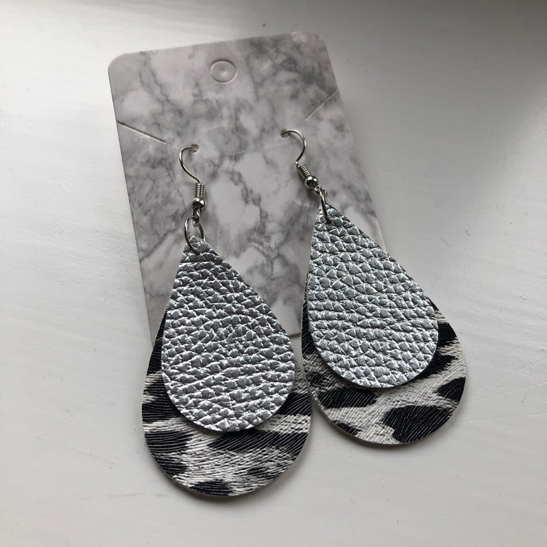 Erin Large Silver Leopard Print and Smaller Silver Faux Leather Double Teardrop Earrings Leopard Print Faux Leather Earrings image 4