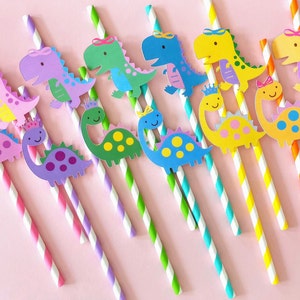 Custom Pretty Dinosaur Paper Straws | Custom Cute T-Rex Straws | Dinosaur Straws | Girl Dinosaur Party Supplies | Princess Dino Straws