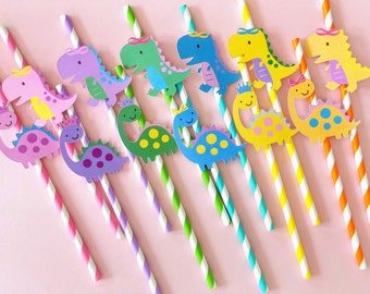 Custom Pretty Dinosaur Paper Straws | Custom Cute T-Rex Straws | Dinosaur Straws | Girl Dinosaur Party Supplies | Princess Dino Straws