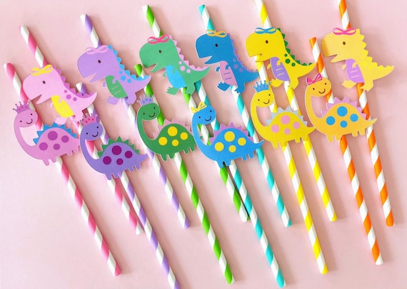 Custom Pretty Dinosaur Paper Straws Custom Cute T-rex Straws Dinosaur Straws  Girl Dinosaur Party Supplies Princess Dino Straws 