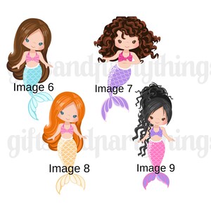 Puede incluir: Cuatro ilustraciones digitales de sirenas con cabello y colas de diferentes colores. Las sirenas llevan tops rosas y tienen una expresi&oacute;n sonriente. Las colas son azules, moradas, amarillas y rosas.