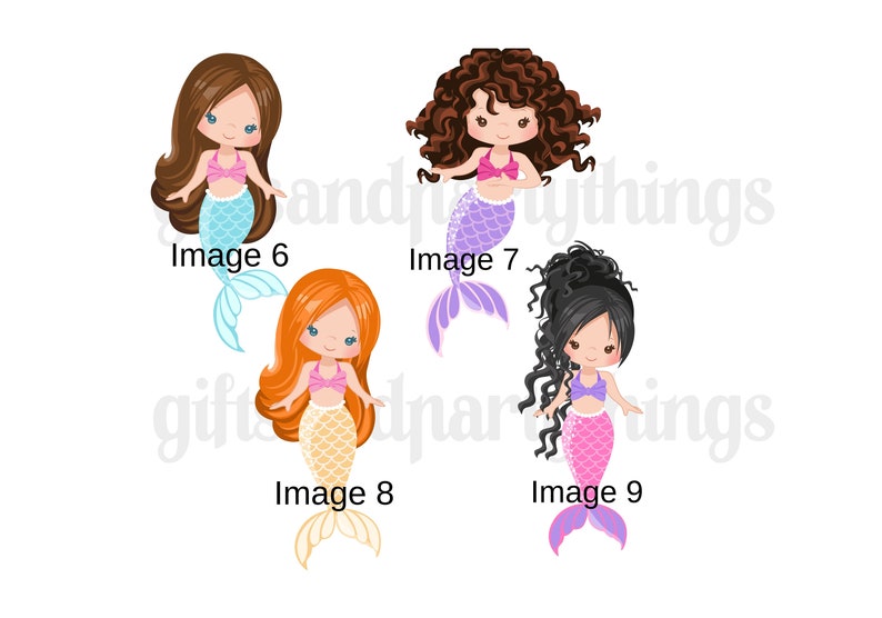 Puede incluir: Cuatro ilustraciones digitales de sirenas con cabello y colas de diferentes colores. Las sirenas llevan tops rosas y tienen una expresi&oacute;n sonriente. Las colas son azules, moradas, amarillas y rosas.