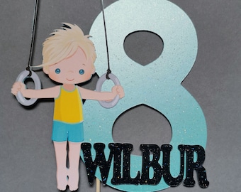 Adorno para tarta de gimnasta personalizado para niño de cualquier edad y nombre / Adorno para tarta de gimnasia / Suministros de cumpleaños de gimnasta personalizados / Fiesta de cumpleaños de gimnasia