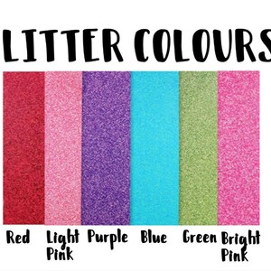 May include: Image displaying six glitter color swatches: red, light pink, purple, blue, green, and bright pink. The text "Glitter Colours" is at the top. Each color is labeled below the swatch.