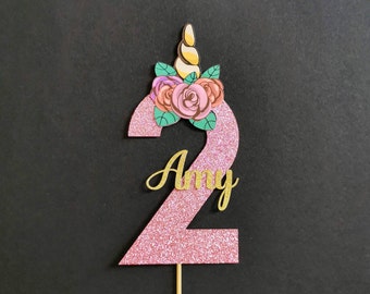 Personalisierte Einhornkopf Zahl Cake Topper ANY AGE NAME | Einhorn Geburtstagsparty Zubehör | Einhorn Cake Topper | Zahlen Cake Topper