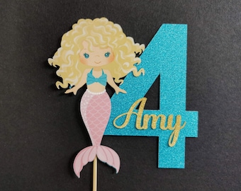 Personalized Mermaid Cake Topper | Glitter Birthday Party Decor