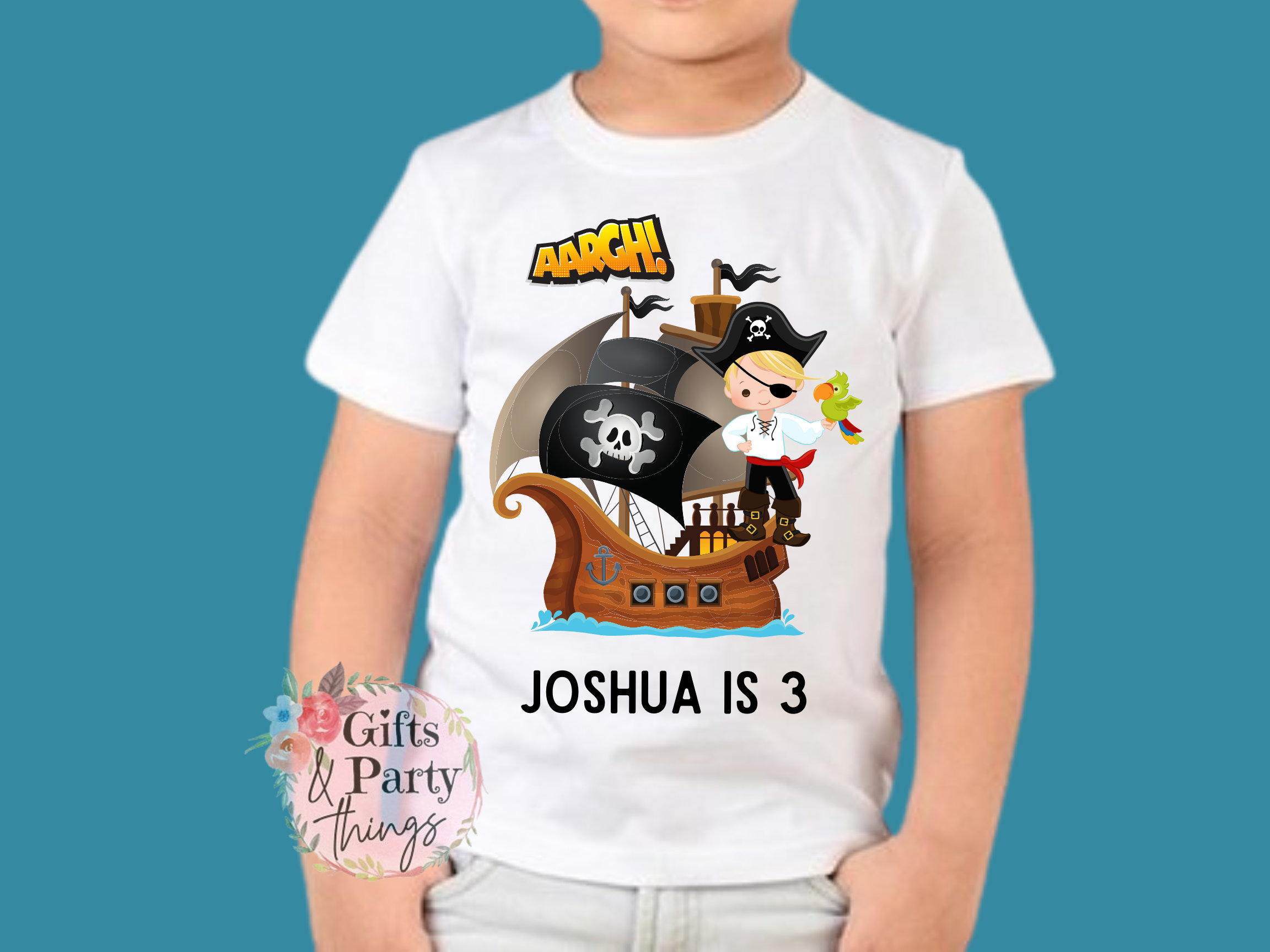 GiftsandPartyThings Personalised Pirate Boy Tshirt Any Age | Personalised Pirate Cake Tshirt | Pirate Boy Birthday Tshirt | Pirate Boy Party Supplies