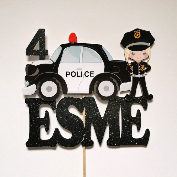 Cake topper donna della polizia personalizzato NOME DI QUALSIASI ETÀ / Topper per torta personalizzato della polizia / Forniture per il compleanno della polizia / Topper per torte per auto della polizia
