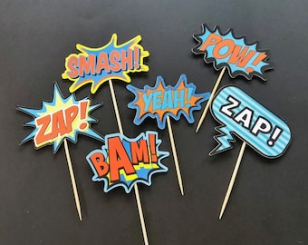 Toppers de cupcakes con burbujas de discurso de superhéroe / Complementos para pasteles de superhéroes / Toppers de cupcakes de superhéroes / Suministros de cumpleaños de superhéroes / Fiesta de superhéroes
