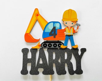 Personalized Glitter Construction Truck Cake Topper | Birthday Party Decor