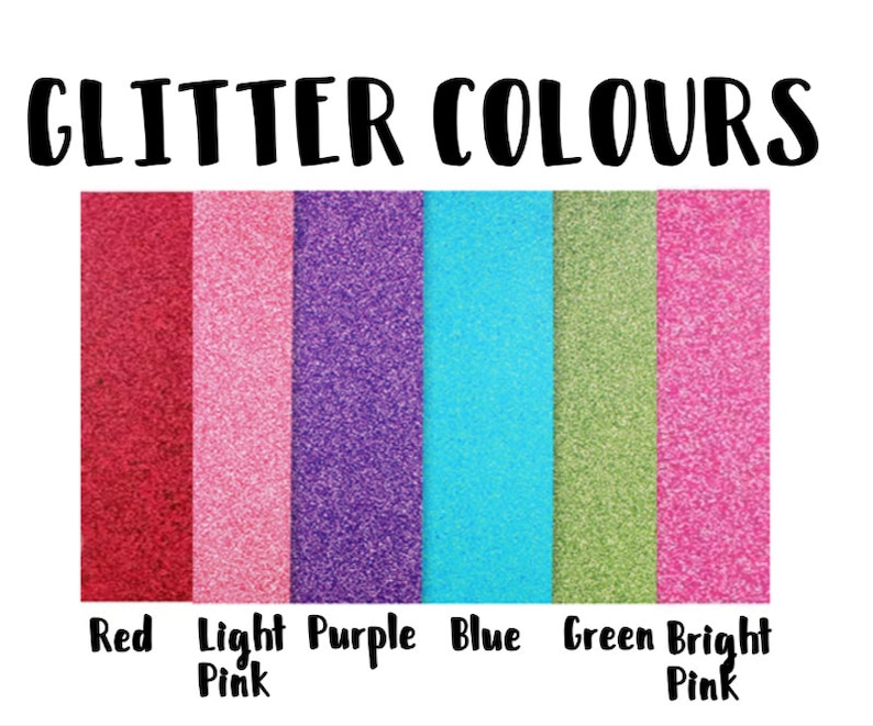 May include: A sample of six glitter colors: red, light pink, purple, blue, green, and bright pink.  Glitter Colors.