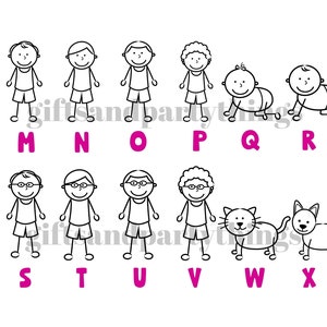 K&ouml;nnte beinhalten: Schwarz-wei&szlig;e Strichzeichnungen von Strichm&auml;nnchen, die das Alphabet von M bis X darstellen. Die Figuren umfassen einen Mann, eine Frau, ein Baby, eine Katze und einen Hund. Die Buchstaben sind rosa.