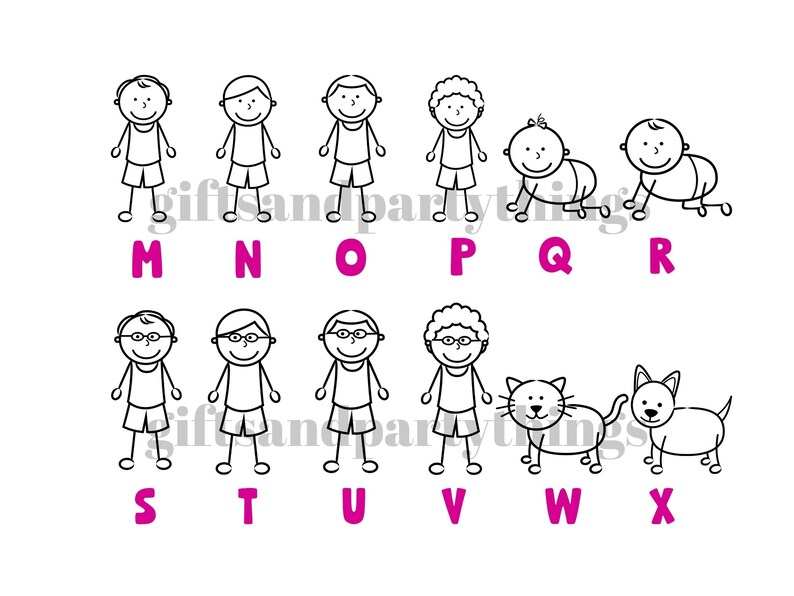 K&ouml;nnte beinhalten: Schwarz-wei&szlig;e Strichzeichnungen von Strichm&auml;nnchen, die das Alphabet von M bis X darstellen. Die Figuren umfassen einen Mann, eine Frau, ein Baby, eine Katze und einen Hund. Die Buchstaben sind rosa.