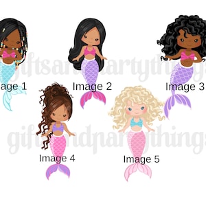 Puede incluir: Cinco ilustraciones de sirenas con diferentes colores de pelo y cola. Las sirenas sonr&iacute;en todas y tienen conchas rosas en el pecho. Las sirenas llevan todas colas rosas y moradas.