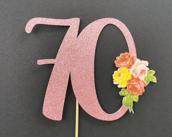 Custom Floral wreath 70 Cake Topper | 70th Birthday Cake topper Glitter Rose Gold Silver Gold & other colours | 70th Birthday Party Supplies