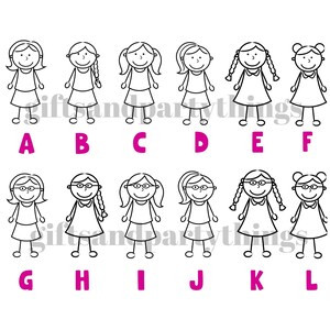 K&ouml;nnte beinhalten: Schwarz-wei&szlig;-Zeichnung von 12 Strichm&auml;nnchen, die jeweils einen anderen M&auml;dchenstil darstellen. Die Figuren sind mit den Buchstaben A bis L beschriftet.
