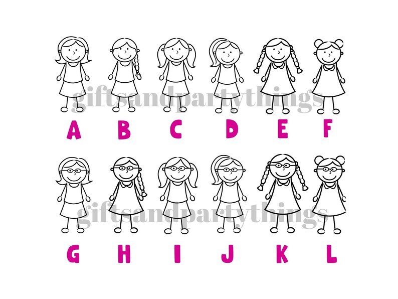 K&ouml;nnte beinhalten: Schwarz-wei&szlig;-Zeichnung von 12 Strichm&auml;nnchen, die jeweils einen anderen M&auml;dchenstil darstellen. Die Figuren sind mit den Buchstaben A bis L beschriftet.