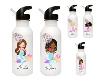 Personalised Mermaid Water Bottle in many skin tones | Mermaid water bottle | Back to school/Birthday mermaid gifts | Water bottle for kids