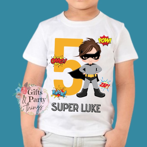 Maglietta personalizzata da supereroe per bambini, NOME DI QUALSIASI ETÀ / Vestito personalizzato da supereroe per compleanno / Maglietta da supereroe / Articoli per feste da supereroe