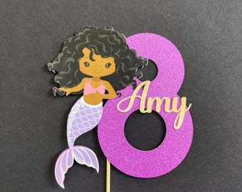 Personalized Mermaid Birthday Cake Topper | Purple Glitter, Any Age