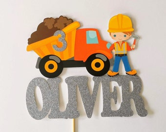 Personalized Glitter Construction Truck Cake Topper | Any Age