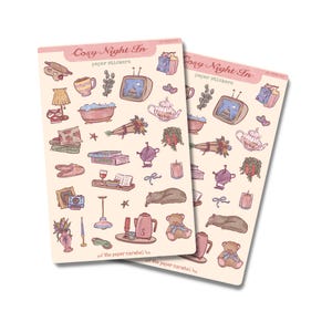 Cosy Night In Girly Sticker Sheet | Planner, Bullet Journal Stickers, Scrapbook Stickers, Calendar Stickers — Handmade Paper Sticker Sheet