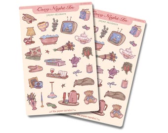 Cosy Night In Girly Sticker Sheet | Planner, Bullet Journal Stickers, Scrapbook Stickers, Calendar Stickers — Handmade Paper Sticker Sheet